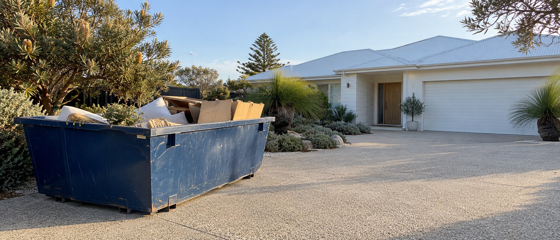 Representative skip bin on a Perth suburban driveway